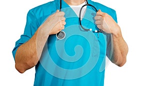 Healthcare And Medicine Concept. Modern doctor specialist in blue uniform holds stethoscope