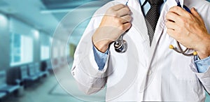 Healthcare and Medicine concept. Unrecognizable Male Doctor Holds Hands On Stethoscope