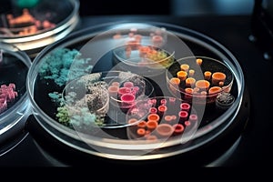 Virus or bacteria cells in a scientific laboratory petri dish. Generative AI