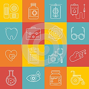 Healthcare and medicine lineart minimal vector iconset on multicolor checkered texture