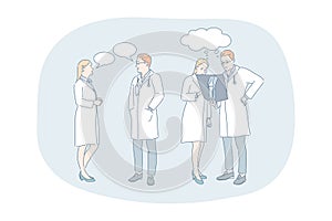 Healthcare, medicine, medicare, doctors communication and discussion concept