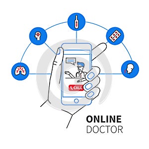 Healthcare mobile service concept - flat style illustration of hand holding smartphone