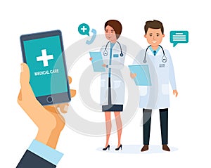 Healthcare mobile service. Mobile consultant. Hand holding smartphone with application.
