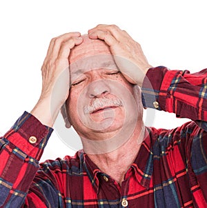 Healthcare, pain, stress and age concept. Sick old man. Senior man suffering from headach over white background