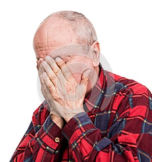 Healthcare, pain, stress and age concept. Sick old man. Senior man suffering from headach over white background