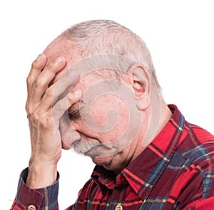 Healthcare, pain, stress and age concept. Sick old man. Senior man suffering from headach over white background