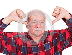 Healthcare, pain, stress and age concept. Sick old man. Senior man suffering from headach over white background