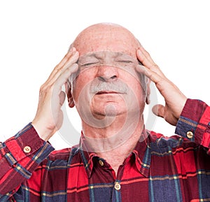 Healthcare, pain, stress and age concept. Sick old man. Senior man suffering from headach over white background