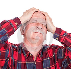 Healthcare, pain, stress and age concept. Sick old man. Senior man suffering from headach over white background