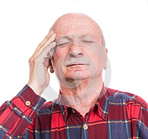 Healthcare, pain, stress and age concept. Sick old man. Senior man suffering from headach over white background