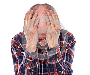 Healthcare, pain, stress and age concept. Sick old man. Senior man suffering from headach over white background