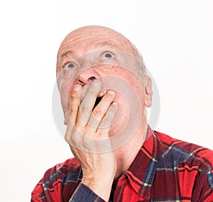 Healthcare, pain, stress and age concept. Sick old man. Senior man suffering from headach over white background photo