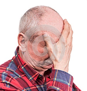 Healthcare, pain, stress and age concept. Sick old man. Senior man suffering from headach over white background photo