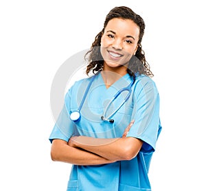 Healthcare, portrait of woman doctor and smile against a white background with stethoscope. Happiness, medical and