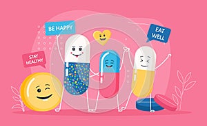 Healthcare poster design with happy pills holding banners