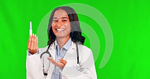 Healthcare, pregnancy test and a doctor woman pointing on a green screen background to explain steps. Medical