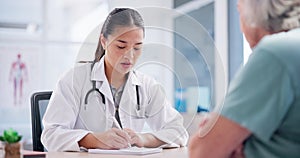 Healthcare, prescription and doctor with senior patient writing on a paper for medication treatment. Advice, checkup and