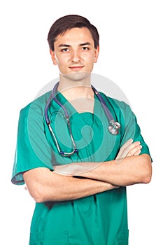 Healthcare, profession, people and medicine concept - smiling male doctor in white coat