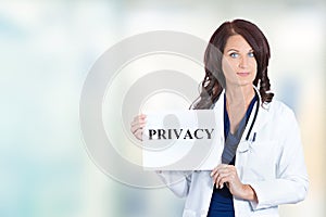 Healthcare professional doctor scientist holding privacy sign