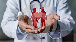 Healthcare Professional Holding a Paper Family with Red Heart. Concept of Family Health and Protection. Medical Care and