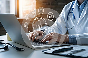 Healthcare professional in lab coat utilizes laptop with medical icons in office.