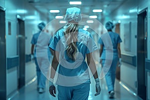 Healthcare Professionals in Scrubs Moving Through Hospital Corridors