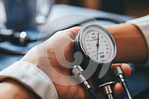 Healthcare provider using classic blood pressure gauge on patient for examination