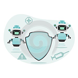 Healthcare robot characters with protection shield vector.