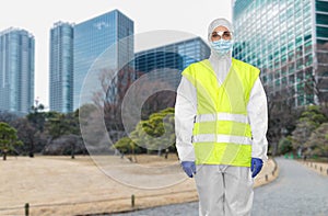 Healthcare or sanitation worker in hazmat suit