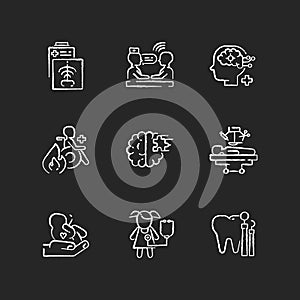 Healthcare services chalk white icons set on black background