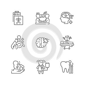 Healthcare services linear icons set