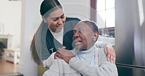 Healthcare, smile and a nurse talking to an old woman in a wheelchair for trust, care or assistance. Medical, support