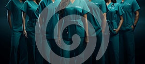 Healthcare staff in uniforms, ample space for text, symbolizing dedicated medical professionals