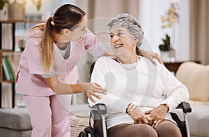 Healthcare, support and caregiver with senior woman for medical help, elderly care and consulting patient. Wheelchair