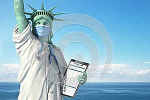 Healthcare system inUSA United States concept. Statue of Liberty as doctor in medical gown with  surgical mask, stethoscope and