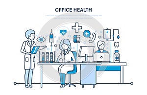 Healthcare system, office health, working atmosphere and health of employees.