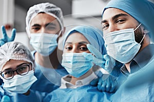 Healthcare, teamwork and surgery, selfie in operating room in medical emergency at hospital. Face of doctor, nurses and