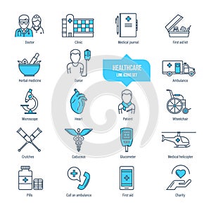 Healthcare thin line icons, pictogram and symbol set. Ambulance, pharmacology.