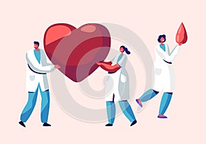 Healthcare, Transplantation, Blood Donation Male and Female Characters in Medical Uniform, Doctors, Nurses Carry Huge Heart Blood