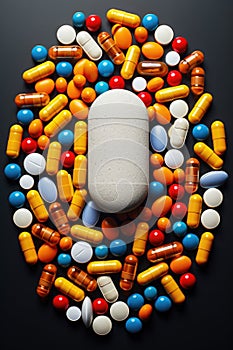 Healthcare and treatment concept with various multicolores medical capsules and pills on black background photo