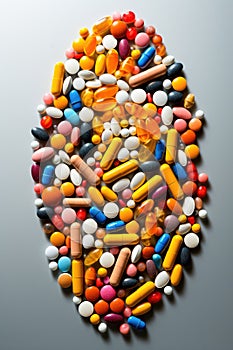 Healthcare and treatment concept with various multicolores medical capsules and pills on grey background photo