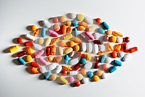 Healthcare and treatment concept with various multicolores medical capsules and pills on white background