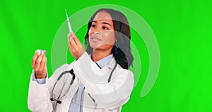 Healthcare, vaccine and a doctor woman on a green screen background to medicate using a syringe. Medical, injection