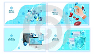 Healthcare vector set of medical research, diagnostics and laboratory analysis banners.