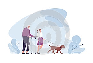 Healthcare volunteering and caregiving concept. Vector flat design people illustration. Volunteer girl help elder man with walker