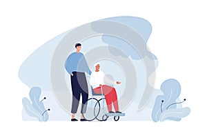 Healthcare volunteering and caregiving concept. Vector flat people illustration. Volunteer help elder woman in wheelchair. Design