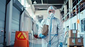 Healthcare worker in protective gear holding a package