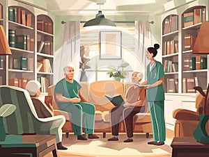 A healthcare worker in scrubs engaging in a meaningful discussion with an elderly couple, AI generated