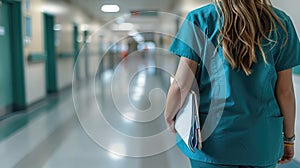 Healthcare worker in scrubs walking through hospital corridor.