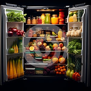 Healthful bounty Opened refrigerator reveals a cornucopia of fresh produce
